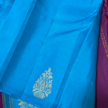 Saranga- Gorgeous Deep Purple with Copper Sulphate Blue Handwoven Pure Jari Kanjivaram Borderless Silk with Muthukattam and Floral Motifs woven body with rich pallu and contrast blouse!