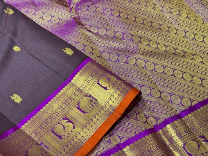 Coffee Brown with Purple Buttas Handwoven Pure Kanjivaram Silk Saree Beauty