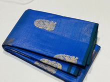 Saranga-Gorgeous Ananda Blue with Double tone Reddish Pink Borderless Handwoven Pure Jari Vairaoosi with Buttas with rich pallu and contrast woven blouse with green selvedes