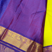 Sarasangi -Beautiful Lime Green with Purple Handwoven Pure Jari Korvai Kanjivaram Silk with small borders with elephants yazhis and peacocks woven borders rich pallu and contrast woven beautiful blouse
