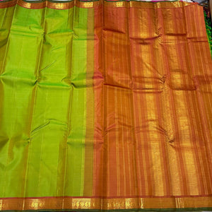Parrot Green Orange Mustard Handwoven Pure Kanchipuram Silk Saree