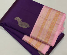 Vaibhogam- Beautiful Deep Purple with Baby Pink Handwoven Pure Jari Korvai Kanjivaram Silk with beautiful twisted gold and silver zari peacock motifs woven body with rich meenakari borders beautiful pallu and contrast woven blouse beauty