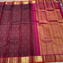 Chocolate Brown with Deep Magenta Buttas Handwoven Pure Jari Kanjivaram Silk Saree with rich Gandaberundas Woven Borders Pallu and Contrast woven blouse
