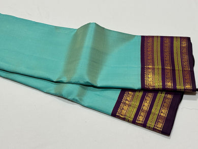 Gorgeous Turquoise Blue with Deep Purple  Kai Korvai Handwoven Pure Jari Kanjivaram Silk Saree with intricate meenakari varisaipet borders with rich pallu and contrast woven blouse beauty