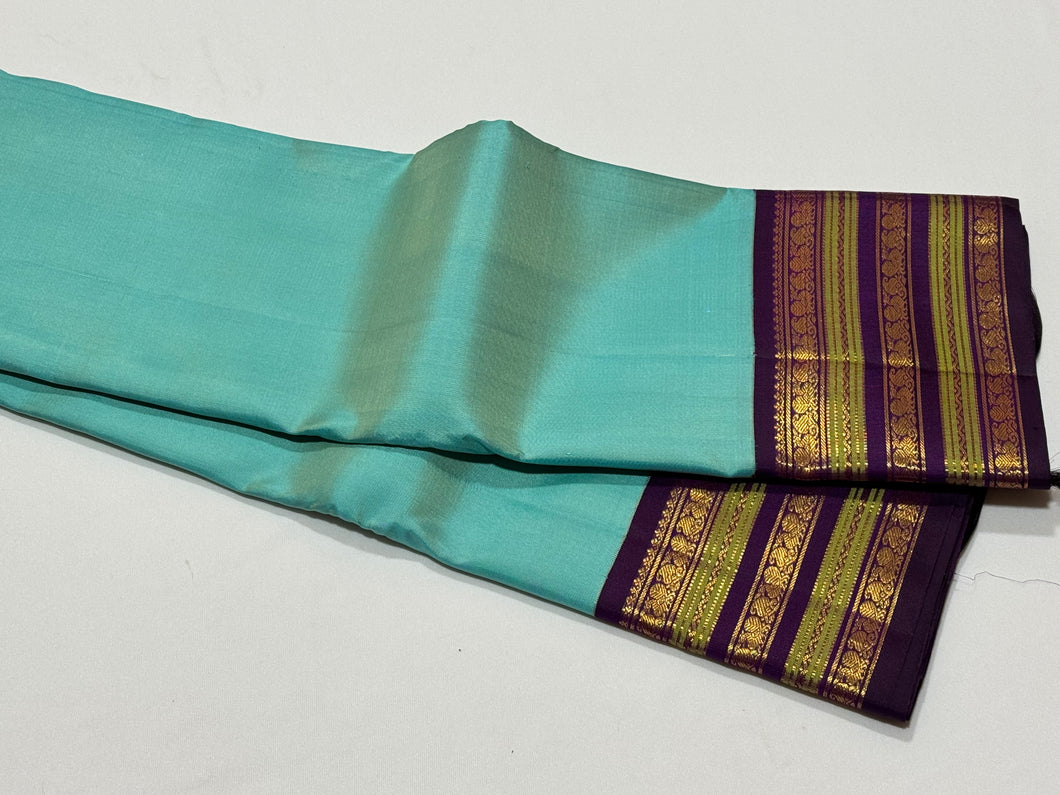 Gorgeous Turquoise Blue with Deep Purple  Kai Korvai Handwoven Pure Jari Kanjivaram Silk Saree with intricate meenakari varisaipet borders with rich pallu and contrast woven blouse beauty