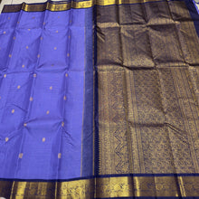 Vaibhogam- Vintage Recreation-  Lavendar with Navy Blue Handwoven Pure 2g Jari Korvai Vairaoosi with Buttas Kanjivaram Silk with beautiful borders rich  pallu and contrast woven vairaoosi blouse