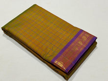 Dual tone Yellow Sampanga with Lavendar Checks Handwoven Pure Jari Kanjivaram Silk Saree Small Borders Beauty