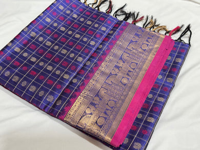 Light Royal Blue with Pink 1000 Buttas Handwoven Premium Pure Kanjivaram Silkcotton Saree Beauty