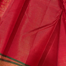 Saranga- Stunning Red with Gold Handwoven Pure Jari borderless vairaoosi with mayil chakram buttas woven Kanjivaram Silk with beautiful green selvedges rich pallu and self colored blouse