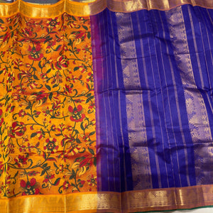 Mustard beauty with Blue Selfcontrast Handwoven Pure Kanjivaram Silkcotton Saree with Handblock Pichwai Prints Beauty