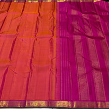 Nayaki- Gorgeous Orange Pink with Pink Handwoven Pure Jari Kanjivaram Silk with beautiful small borders with green selvedges rich pallu and contrast woven blouse