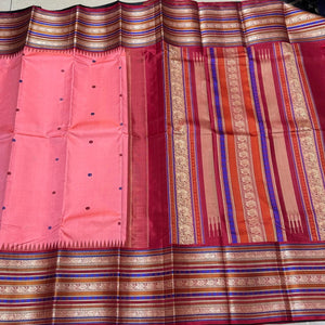 Peach with Burnt Red Buttas Handwoven Pure Korvai Zariless Varisaipet Long Border Kanjivaram Silk Saree Beauty