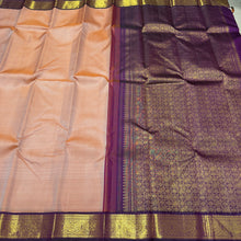 Sarasangi- Gorgeous Sandal Beige with Deep Purple Handwoven Pure Jari Korvai Kanjivaram Silk with beautiful gandaberundas woven borders rich pallu and contrast woven blouse