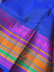 Yellow with Royal Blue and Pink Handwoven Pure Zariless Korvai Kanjivaram Silk Saree Beauty with Varisaipet Borders
