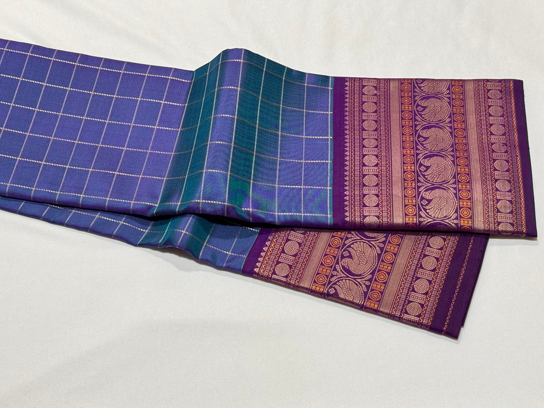 Premium Zariless Weave- Peacock Blue with Deep Purple Muthukattam Checks Handwoven Pure Kanjivaram Silk Saree with Doublepet Borders rich pallu sorgavasal themed with contrast blouse beauty
