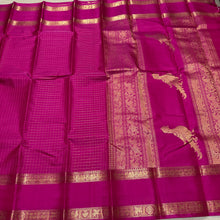 Sahana- Stunning Rani Pink with Gold Handwoven Pure Jari Kanjivaram Silk with checked body with rettapet borders rich Kalakshetra Kili woven pallu and self colored blouse