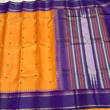 Mango Mustard with Purple Buttas Korvai Handwoven Pure Zariless Kanjivaram Silk Saree with temple borders beauty