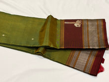 Premium Zariless Vintage Weave- Dual tone Moss Green with Deep Manthulir Handwoven Pure Kanjivaram Silk Saree with Hanging elephants paisleys in borders rich peacocks in shanku woven Pallu and contrast blouse beauty