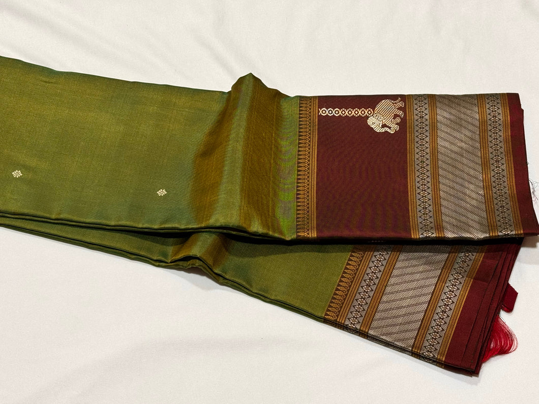 Premium Zariless Vintage Weave- Dual tone Moss Green with Deep Manthulir Handwoven Pure Kanjivaram Silk Saree with Hanging elephants paisleys in borders rich peacocks in shanku woven Pallu and contrast blouse beauty
