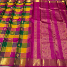 Vaibhogam- Gorgeous Multichecks Palum Pazhamum Checks with Buttas and Jari Lines woven beautiful body with rich borders stunning pallu and contrast pink jari striped blouse