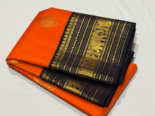 Vaibhogam-Strikingly Beautiful Orange with Blackish Kanchana Handwoven Pure Jari Korvai Kanjivaram Silk Saree with Rich Buttas Woven Body Gorgeous Pallu and Contrast Woven blouse beauty