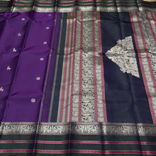 Saraswati- Gorgeous Purple with Dark Blackish Green Handwoven Pure Zariless Kanjivaram Silk with beautiful chakram and deer motifs woven all over the body with beautiful butterflies and deers woven borders l sorgavaasal pallu and contrast woven blouse
