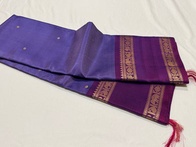 Lavenderish Blue with Purple Buttas with doublepet borders Handwoven Pure Kanjivaram Silk Saree with Single peacock pallu beauty