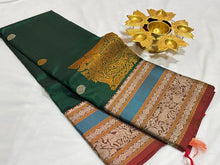Dark Bottle Green with Manthulir buttas with Corner Buttas Konia Pallu with Varisaipet borders Handwoven Pure Zariless Kanchipuram Silk Saree Beauty