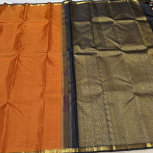 Saranga- Beautiful Burnt Orange with Black Buttas with Small borders Handwoven Pure Jari Podikattam Checked body with rich yazhis elephants mayil chakram woven gorgeous pallu and contrast black blouse