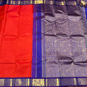 Orange with Violetish Blue Handwoven Pure Jari Korvai Kanjivaram Silk Saree Beauty