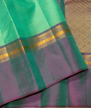 Sahana- Beautiful Turquoise Green with Teal Shot Purple  Muthukattam Handwoven Pure Jari Kanjivaram Silk with beautiful body spaced borders rich pallu and contrast woven blouse