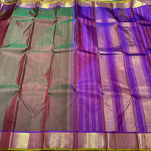 Double Tone Manthulir Green with Purple with Rudrakshapet Borders Handwoven Pure Jari Kanjivaram Silk Saree with rich borders pallu beauty
