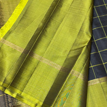 Black with Lime Green Handwoven Pure Kanjivaram Silk Saree woven in 1000 buttas style with rich pallu and contrast woven borders beauty