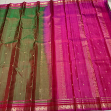 Manthulir Green with Magenta Pink Buttas Handwoven Pure Kanjivaram Silk Saree with beautiful borders rich pallu and contrast woven blouse beauty