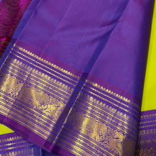 Vaibhogam-Mesmerizing Green Sampanga with Purple Handwoven Pure Jari Korvai Kanjivaram Silk with beautiful mayil chakram buttas woven body with rich gettipet borders rich pallu and contrast woven beautiful blouse