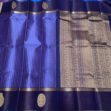 Lavenderish Blue with Navy Blue with Muthukattam Checks and Iruthalaipakshi border buttas Handwoven Pure Kanjivaram Silk Saree Beauty