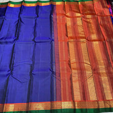 MS Blue with Rust Handwoven Pure Kanjivaram Silk Saree with spaced borders rich pallu and contrast woven blouse beauty