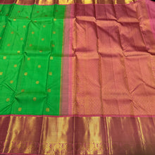 Bright Parrot Green with Coral Pink Handwoven Pure Jari Korvai Kanjivaram Silk Saree with Buttas woven body rich borders pallu and contrast woven blouse beauty