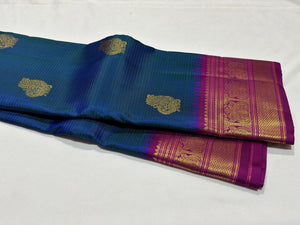 Peacock Blue with Purple Korvai with Buttas and Temples Handwoven Pure Jari Kanjivaram Silk Saree Beauty