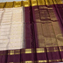 Vaibhogam- Gorgeous Ivory White with Bronze Mustard and Maroonish Brown Handwoven Pure Zari Korvai Kanjivaram Silk with Ganga Jamuna Borders rich doublepet borders rich getti zari pallu and contrast veldhari striped blouse