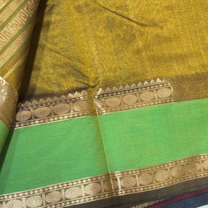 Bronze Gold with Parrot Green Lakshadeepam Motifs Handwoven Premium Kanjivaram Silkcotton Saree Beauty