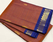 Sahana- Gorgeous Rust with Blue Jari Oosi Checks with Buttas Handwoven Pure Jari Kanjivaram Silk with small beautiful borders rich pallu and contrast woven blouse