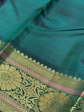 Dual tone Tomato Pink with Bottle Green Buttas Handwoven Pure Jari Korvai Kanjivaram Silk Saree Beauty