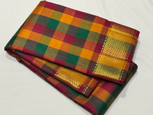 Palum Pazhamum Checks with Arakku  mayilkan borders classic seer rich pallu and contrast woven blouse