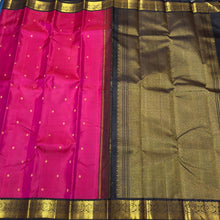 Tomato  Pink with Black Buttas Handwoven Pure Jari Korvai Kanjivaram Silk Saree Beauty