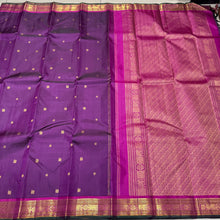 Stunning Deep Purple with Pink Buttas Handwoven Pure Jari Kanjivaram Silk Saree with rich borders pallu and contrast woven blouse