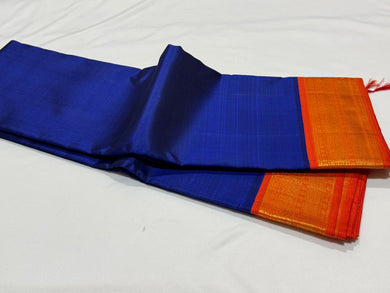 Deep MS Blue with Fanta Orange Handwoven Pure Jari Korvai Kanjivaram Silk Saree Beauty