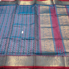Pastel Blue with Red and Gold 1000 Buttas Handwoven Premium Kanjivaram Silkcotton Saree Beauty
