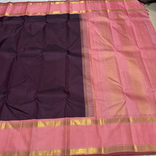 Sarasangi- Stunning Beetlenut Brown with Peachish Pink Handwoven Pure Jari Korvai Kanjivaram Silk with Classic Doublepet borders rich pallu and contrast woven blouse