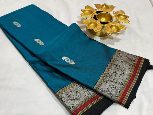 Teal blue with black Premium Handwoven Pure Zariless Kanchipuram Silk with Annapakshi Pallu beauty